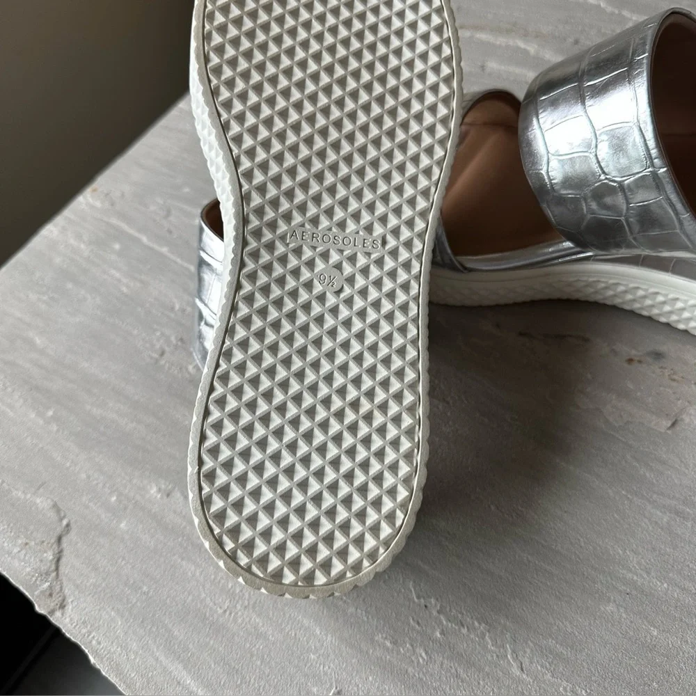 Aerosoles Zeff Wedge Sandal Metallic‎ Silver Slides 9.5